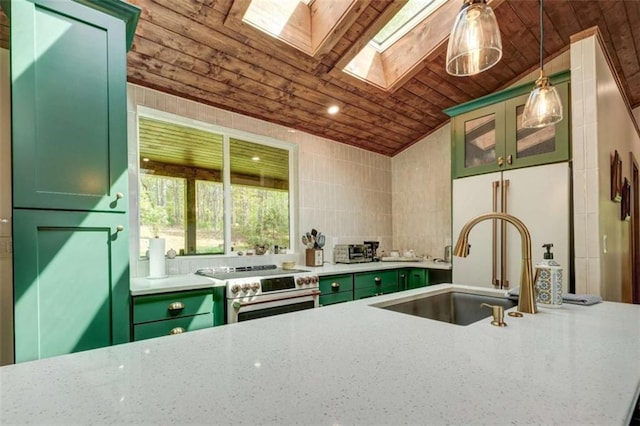 361 Rising Star Rd, Ellijay, GA 30536 - kitchen featuring green cabinetry, wooden ceiling, a skylight, stainless steel electric range oven, and a sink