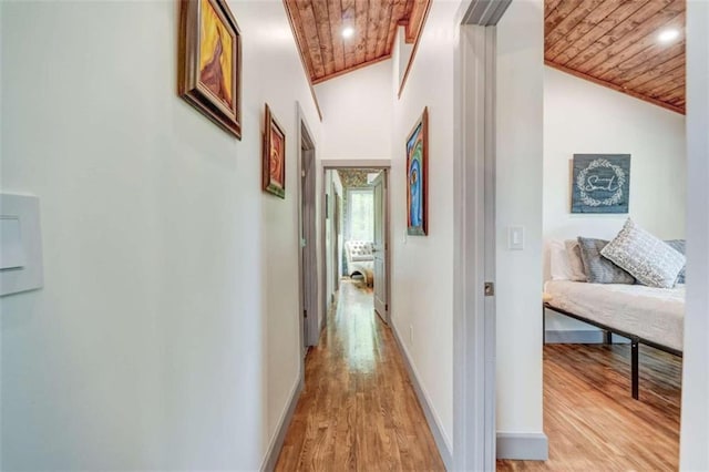 361 Rising Star Rd, Ellijay, GA 30536 - hall with wood ceiling, light wood-style floors, baseboards, and vaulted ceiling
