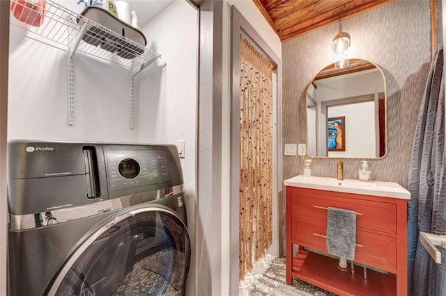 361 Rising Star Rd, Ellijay, GA 30536 - washroom featuring washer / dryer, a sink, and wooden ceiling