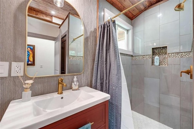 361 Rising Star Rd, Ellijay, GA 30536 - full bath featuring a tile shower, vanity, wooden ceiling, and vaulted ceiling