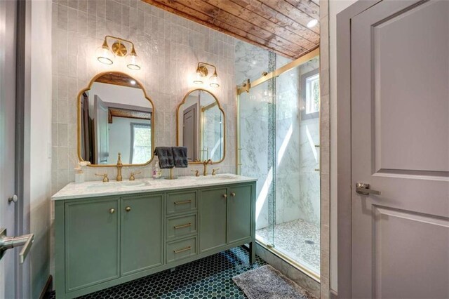 361 Rising Star Rd, Ellijay, GA 30536 - full bath featuring tile walls, a marble finish shower, healthy amount of natural light, double vanity, and wooden ceiling