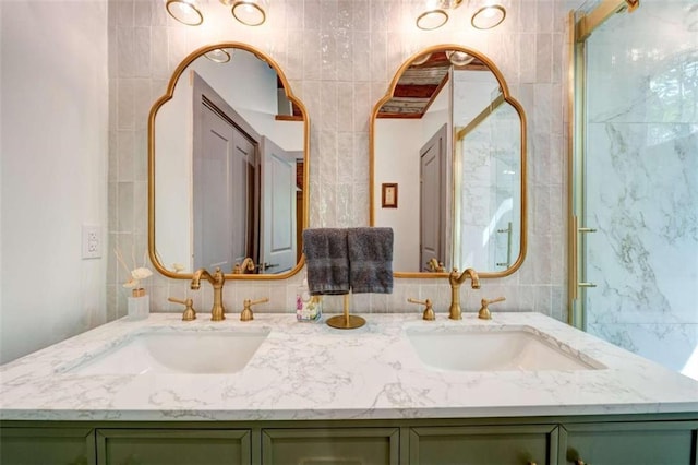 361 Rising Star Rd, Ellijay, GA 30536 - full bath featuring double vanity, a stall shower, and tile walls