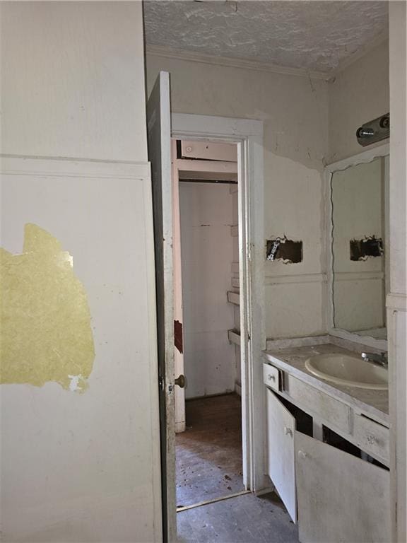 bathroom with concrete flooring, vanity, and a textured ceiling