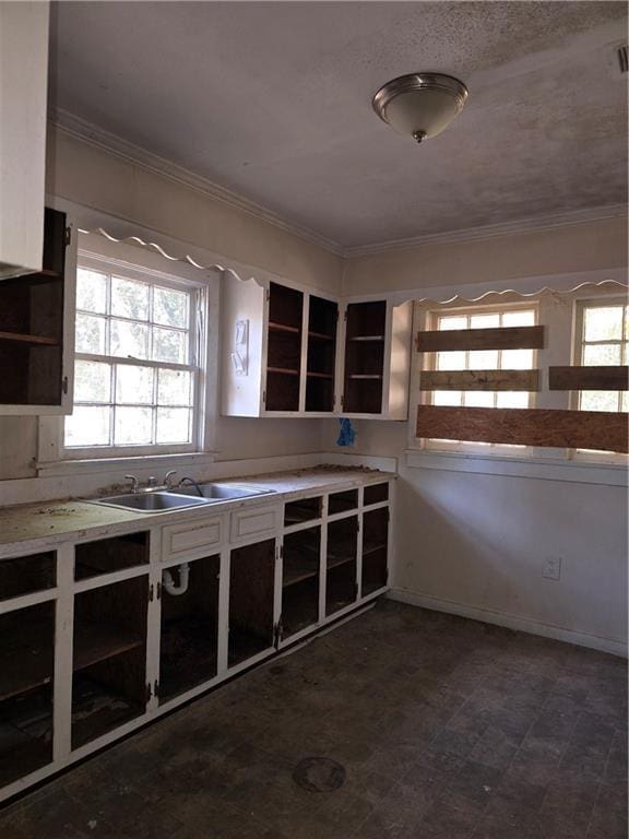 kitchen with open shelves, crown molding, a sink, and dark floors