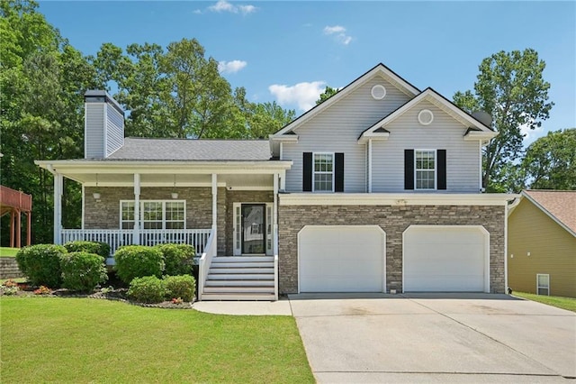 3705 Tate Pl, Austell, GA 30106 - tri-level home with driveway, a porch, an attached garage, a front yard, and a chimney