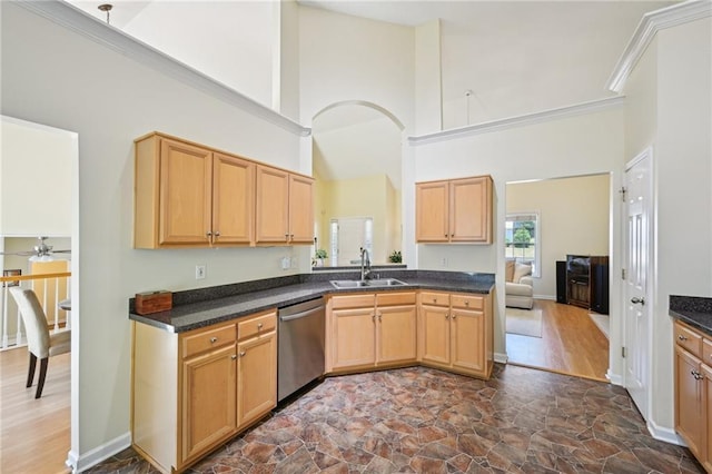 3705 Tate Pl, Austell, GA 30106 - kitchen with stainless steel dishwasher, a sink, a high ceiling, dark countertops, and ceiling fan