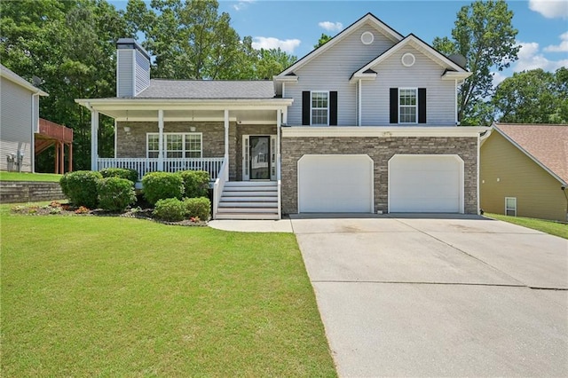 3705 Tate Pl, Austell, GA 30106 - tri-level home with a garage, a front yard, concrete driveway, a porch, and a chimney