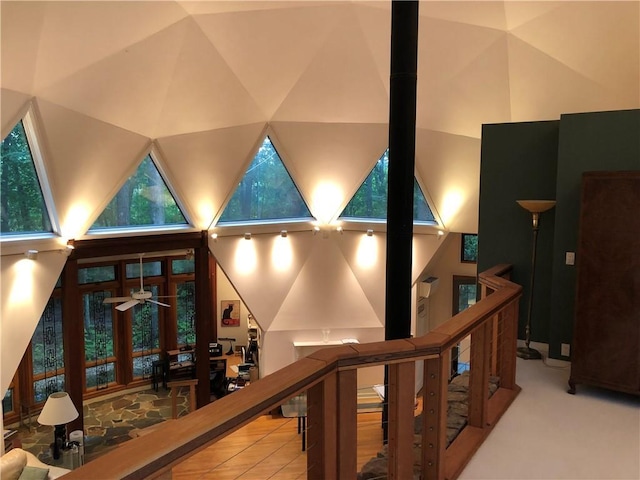 5015 Wright Bridge Rd, Cumming, GA 30028 - wine area with a towering ceiling, ceiling fan, and carpet flooring