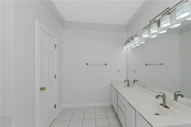 bathroom featuring tile patterned flooring, crown molding, and vanity