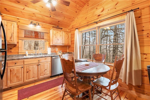 dining room featuring wood walls, lofted ceiling, sink, wooden ceiling, and light hardwood / wood-style flooring