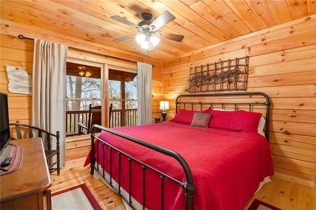 bedroom featuring wooden ceiling, light wood-type flooring, and wood walls