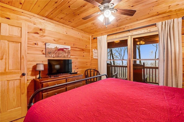 bedroom with wood ceiling and wood walls