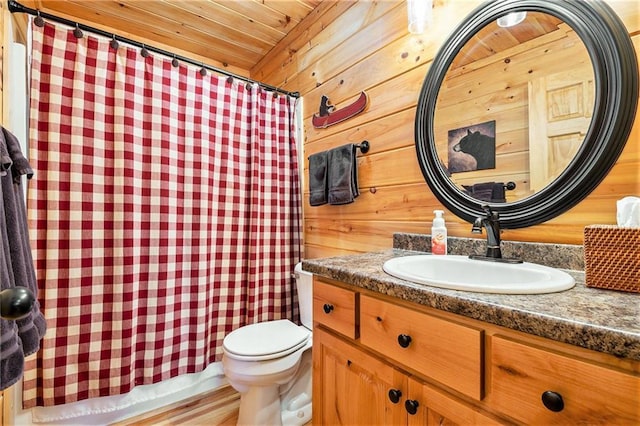 bathroom with wood ceiling, vanity, toilet, and wood walls