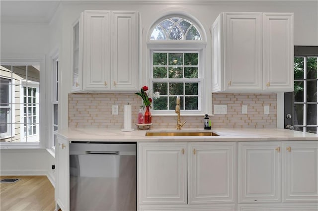 kitchen featuring white cabinets, sink, tasteful backsplash, and stainless steel dishwasher