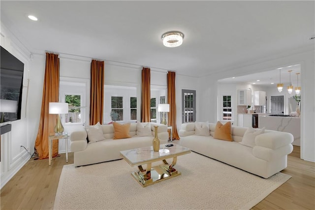 living room with ornamental molding and light hardwood / wood-style flooring