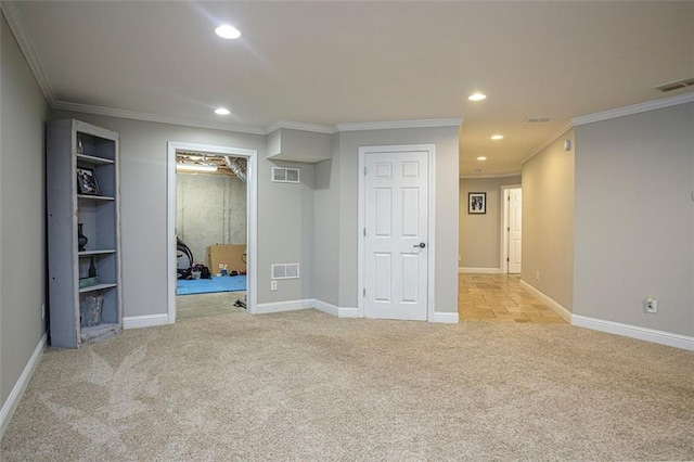 interior space with light colored carpet and crown molding