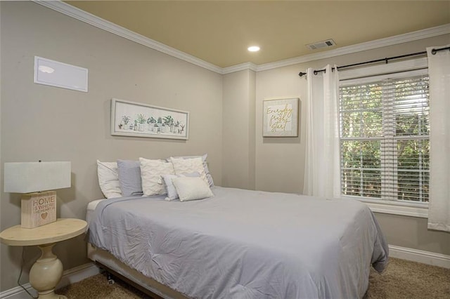 carpeted bedroom featuring ornamental molding