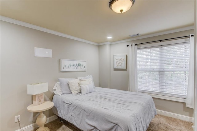 bedroom featuring light carpet and ornamental molding