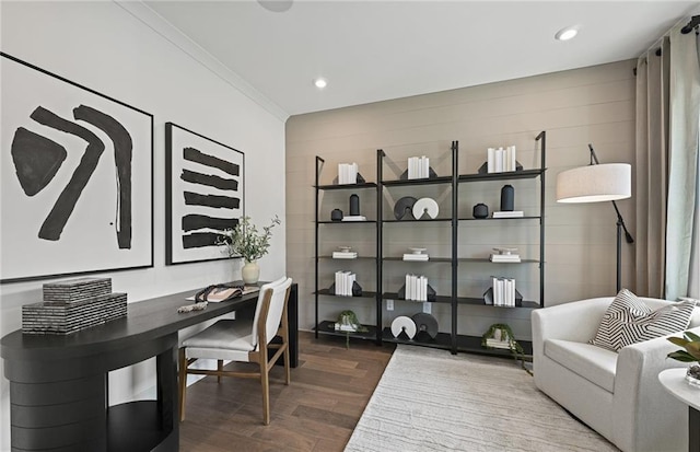 home office featuring recessed lighting, crown molding, and wood finished floors