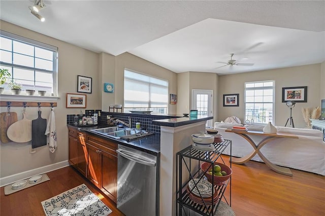 kitchen with dishwasher, sink, hardwood / wood-style flooring, and a healthy amount of sunlight