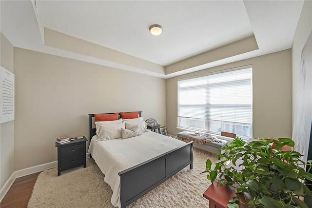 bedroom with a tray ceiling and hardwood / wood-style flooring