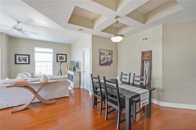 dining room with wood-type flooring, coffered ceiling, beam ceiling, and ceiling fan