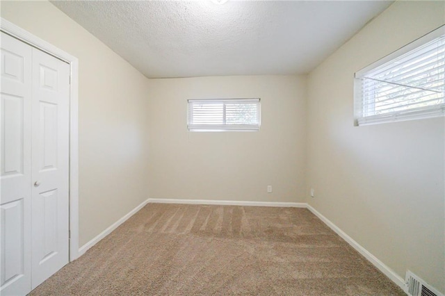 empty room featuring a wealth of natural light, a textured ceiling, and carpet