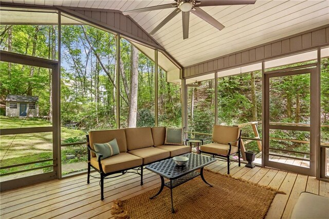 3311 Stillhouse Rd SE, Atlanta, GA 30339 - sunroom / solarium with an outdoor hangout area, ceiling fan, and vaulted ceiling
