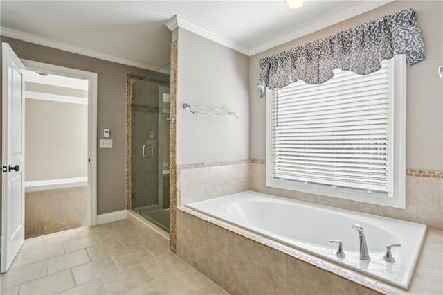 bathroom with crown molding, independent shower and bath, and tile patterned flooring