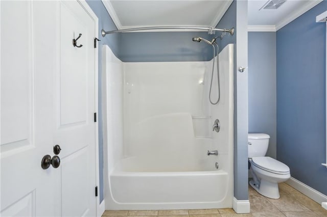 bathroom with shower / washtub combination, crown molding, toilet, and tile patterned floors