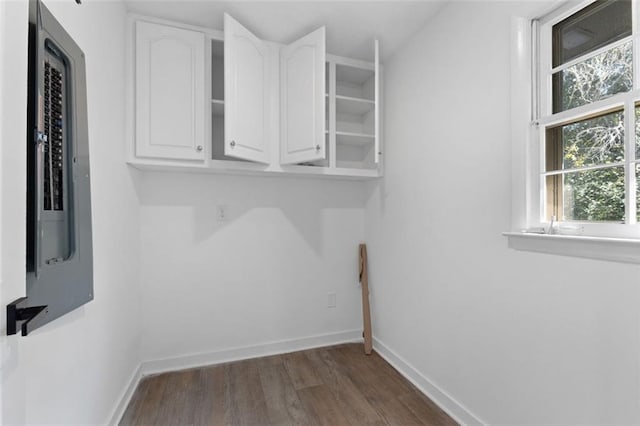 laundry room featuring electric panel and dark wood-type flooring