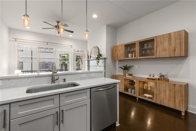 616 Angier Ave NE Unit 4, Atlanta, GA 30308 - kitchen featuring stainless steel dishwasher, glass insert cabinets, a ceiling fan, pendant lighting, and dark wood-style flooring