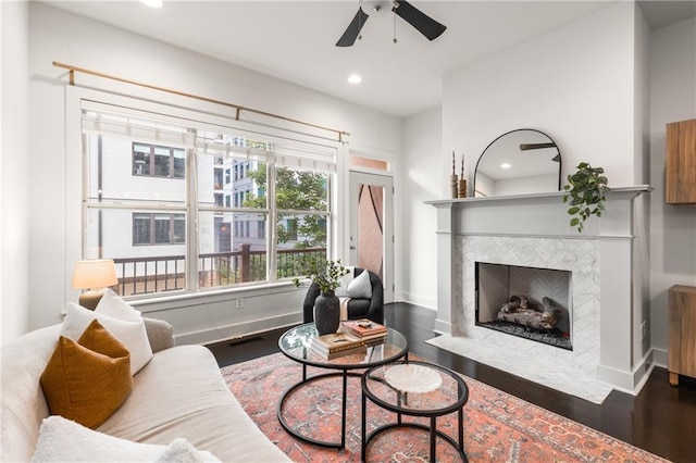616 Angier Ave NE Unit 4, Atlanta, GA 30308 - living room featuring wood finished floors, ceiling fan, recessed lighting, and a fireplace