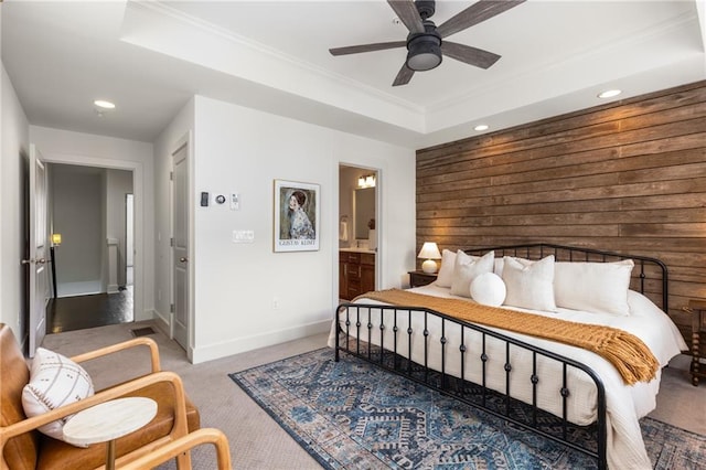 616 Angier Ave NE Unit 4, Atlanta, GA 30308 - carpeted bedroom with recessed lighting, a raised ceiling, ornamental molding, wooden walls, and ensuite bathroom