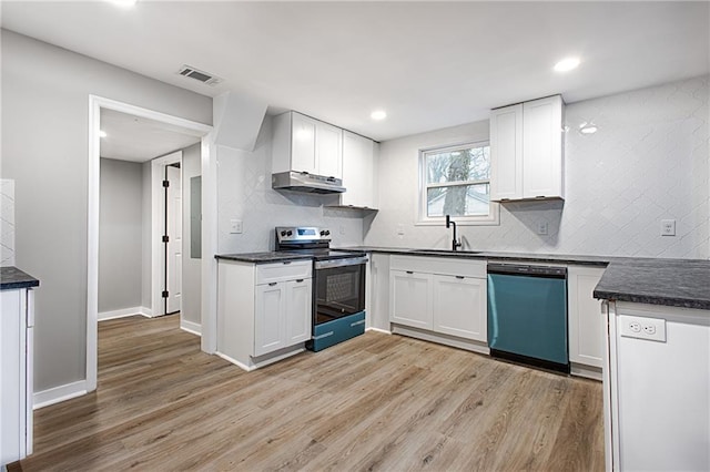 kitchen featuring dishwashing machine, sink, white cabinetry, and stainless steel range with electric stovetop