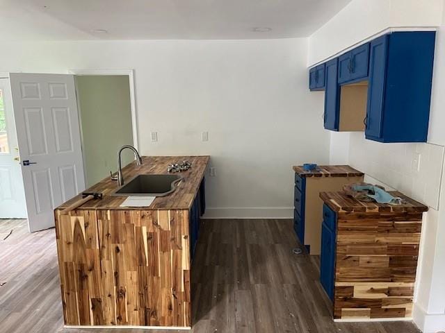 451 Collier Ridge Dr NW, Atlanta, GA 30318 - kitchen featuring blue cabinets, dark wood-style floors, and a peninsula
