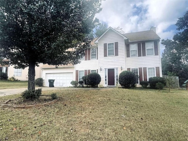 colonial-style house with a front lawn and a garage