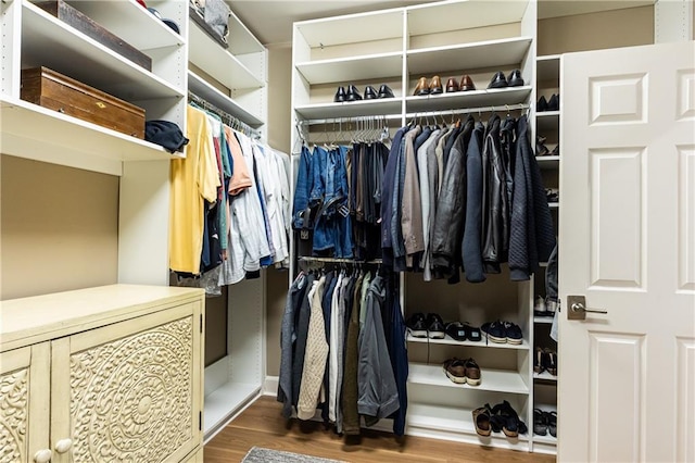 spacious closet featuring dark hardwood / wood-style floors