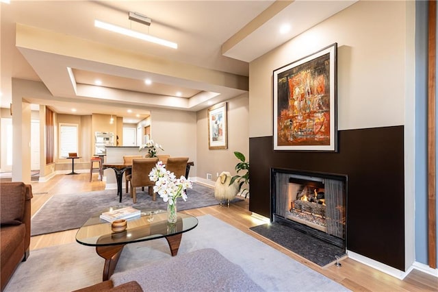 interior space with a tray ceiling and light hardwood / wood-style floors