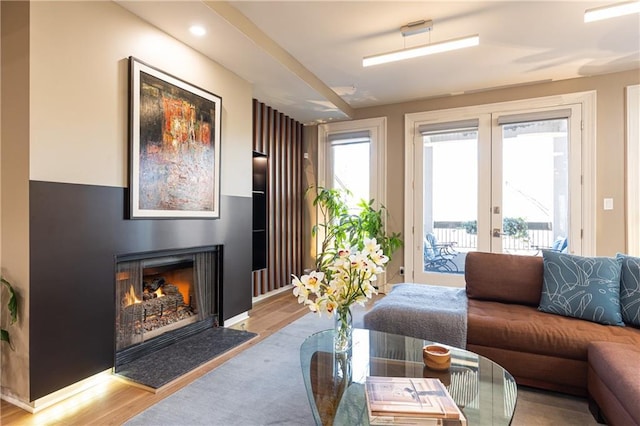 living room with french doors and light wood-type flooring