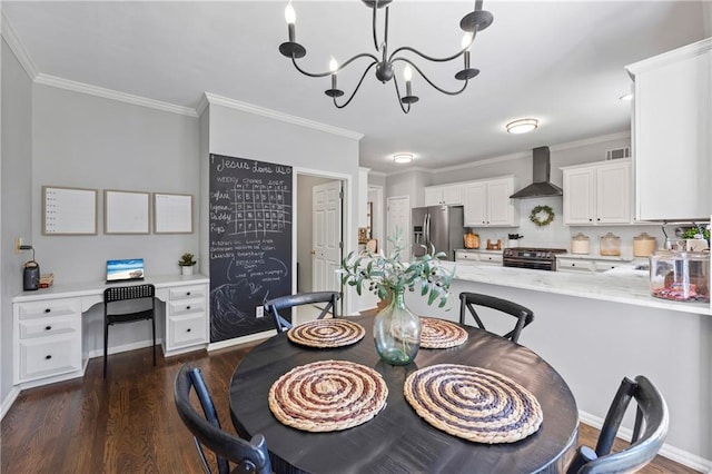 2500 Ashbourne Dr, Lawrenceville, GA 30043 - dining area with dark wood-type flooring, a chandelier, crown molding, and an office area