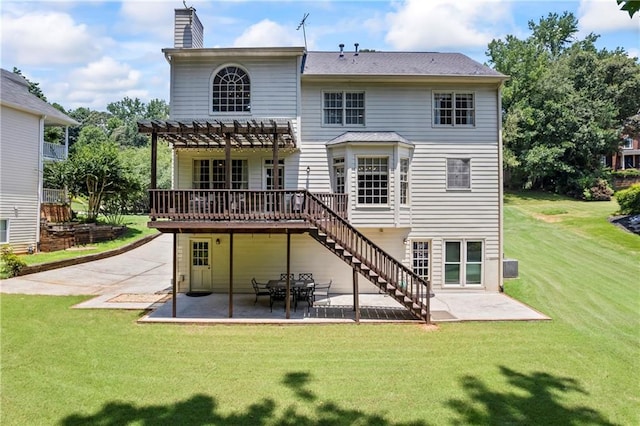 2500 Ashbourne Dr, Lawrenceville, GA 30043 - back of house with a pergola, a patio area, a lawn, a wooden deck, and a chimney