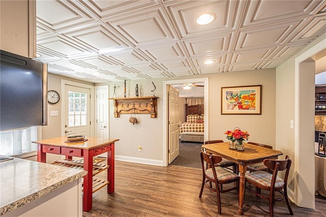 6369 Timber Creek Trl, Dahlonega, GA 30533 - dining area featuring an ornate ceiling, dark wood finished floors, recessed lighting, and a ceiling fan