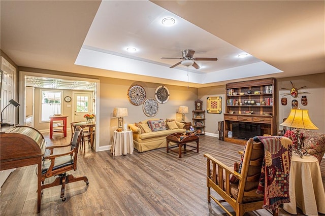 6369 Timber Creek Trl, Dahlonega, GA 30533 - living room with a raised ceiling, wood finished floors, ceiling fan, and recessed lighting