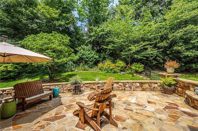 6369 Timber Creek Trl, Dahlonega, GA 30533 - view of patio featuring an outdoor fire pit and view of wooded area