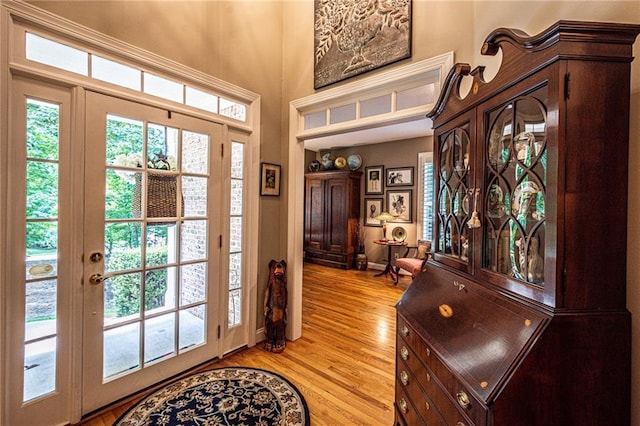 6369 Timber Creek Trl, Dahlonega, GA 30533 - entrance foyer featuring french doors, a high ceiling, plenty of natural light, and light wood-style flooring