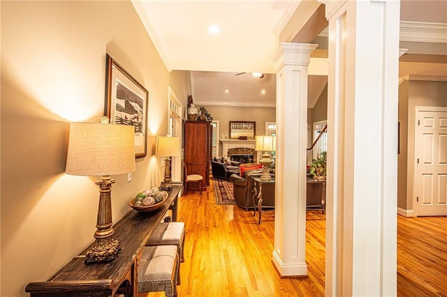 6369 Timber Creek Trl, Dahlonega, GA 30533 - corridor with decorative columns, ornamental molding, light wood-style flooring, and recessed lighting