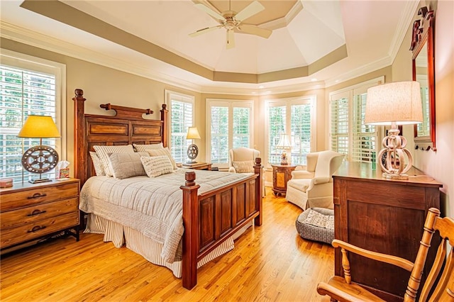 6369 Timber Creek Trl, Dahlonega, GA 30533 - bedroom featuring a tray ceiling, multiple windows, light wood finished floors, crown molding, and a ceiling fan