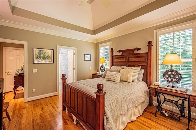 6369 Timber Creek Trl, Dahlonega, GA 30533 - bedroom featuring light wood-type flooring, ornamental molding, ceiling fan, and ensuite bathroom