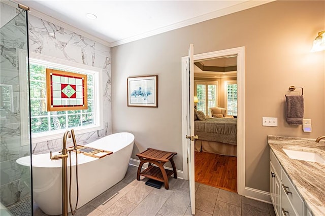 6369 Timber Creek Trl, Dahlonega, GA 30533 - ensuite bathroom with crown molding, vanity, plenty of natural light, and a soaking tub
